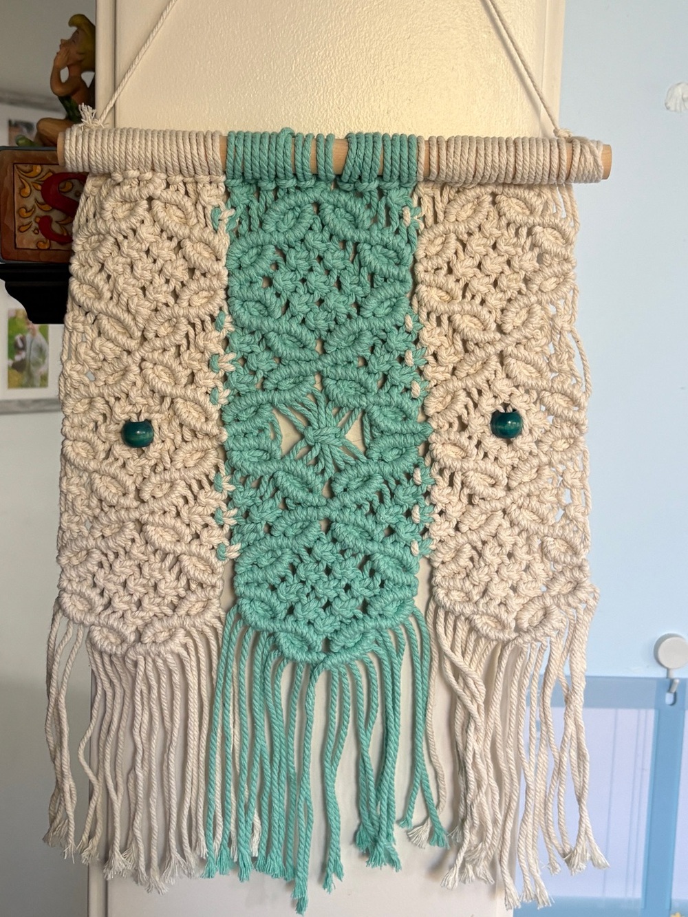 Handmade Macramé Wall Hanging in Cream and Teal